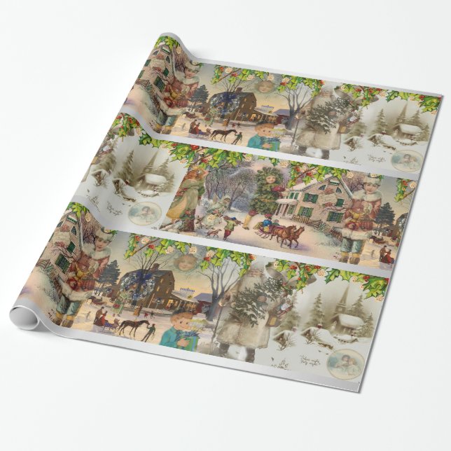 Vintage Christmas Hanukkah Holiday Winter Scene Wrapping Paper (Unrolled)