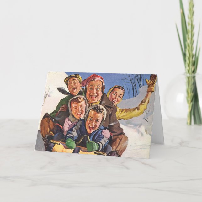 Vintage Christmas, Happy Family Toboggan Sledding Holiday Card (Front)