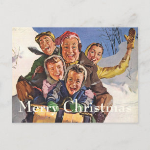 Vintage Christmas, Happy Family Toboggan Sledding Holiday Postcard