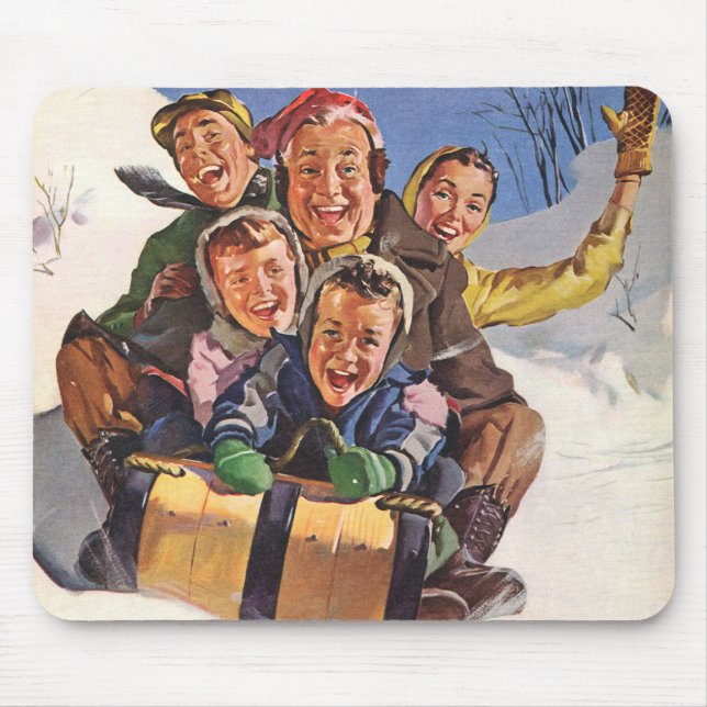 Vintage Christmas, Happy Family Toboggan Sledding Mouse Pad (Front)
