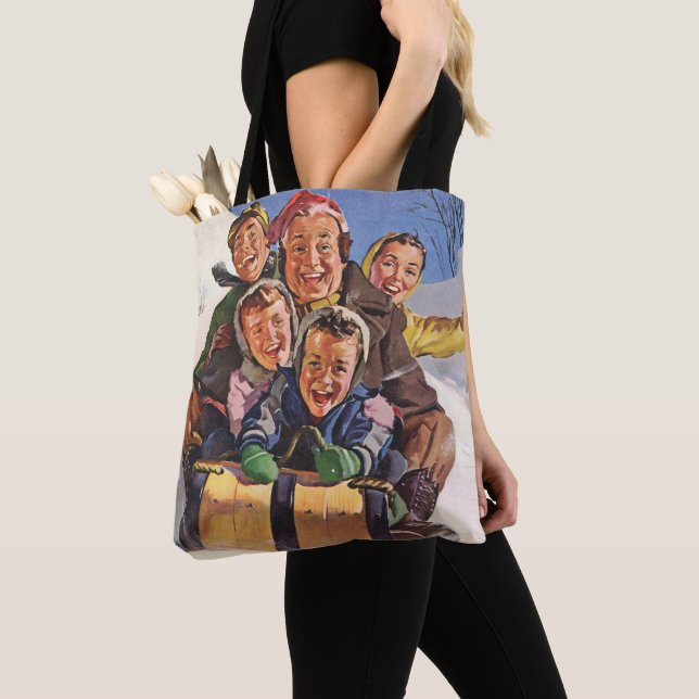 Vintage Christmas, Happy Family Toboggan Sledding Tote Bag (Close Up)