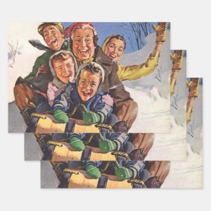 Vintage Christmas, Happy Family Toboggan Sledding Wrapping Paper Sheet