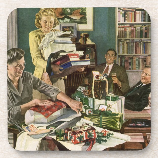 Vintage Christmas, Happy Family Wrapping Gifts Coaster (Front)