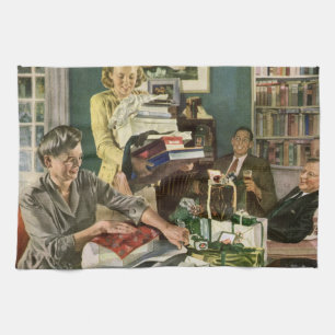 Vintage Christmas, Happy Family Wrapping Gifts Kitchen Towel
