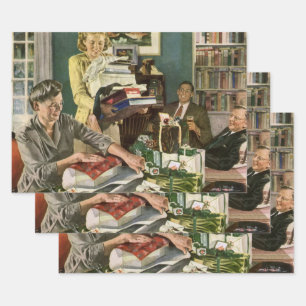 Vintage Christmas, Happy Family Wrapping Gifts Paper Sheet
