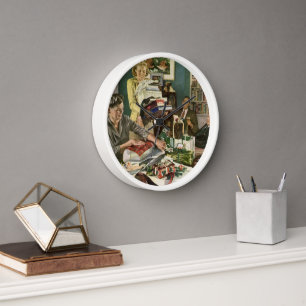 Vintage Christmas, Happy Family Wrapping Gifts Wall Clock