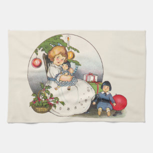 Vintage Christmas, Happy Girl Playing with Dolls Kitchen Towel