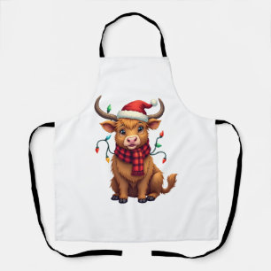 Vintage Christmas Highland Cow Cute Holiday Vector Apron