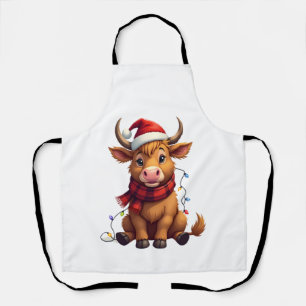 Vintage Christmas Highland Cow Cute Holiday Vector Apron