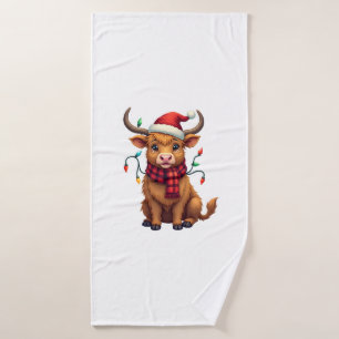 Vintage Christmas Highland Cow Cute Holiday Vector Bath Towel