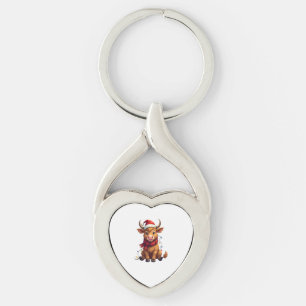Vintage Christmas Highland Cow Cute Holiday Vector Keychain