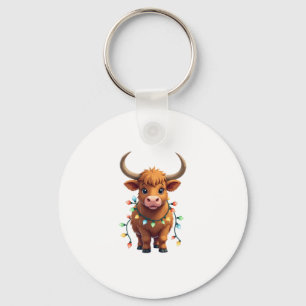 Vintage Christmas Highland Cow Cute Retro Holiday  Keychain