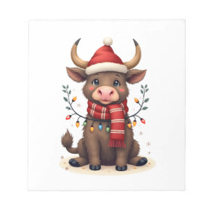Vintage Christmas Highland Cow in Santa Hat Cute H Notepad