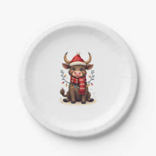 Vintage Christmas Highland Cow in Santa Hat Cute H Paper Plate