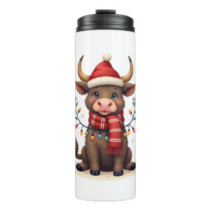 Vintage Christmas Highland Cow in Santa Hat Cute H Thermal Tumbler
