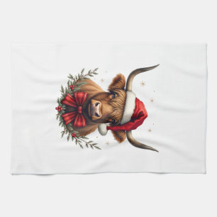Vintage Christmas Highland Cow in Santa Hat Rustic Kitchen Towel