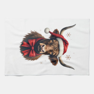 Vintage Christmas Highland Cow in Santa Hat Rustic Kitchen Towel