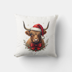Vintage Christmas Highland Cow in Santa Hat Rustic Throw Pillow