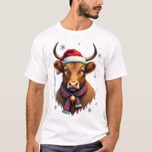 Vintage Christmas Highland Cow Santa Hat Colorful  T-Shirt