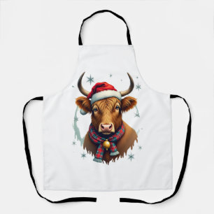 Vintage Christmas Highland Cow Santa Hat Colourful Apron