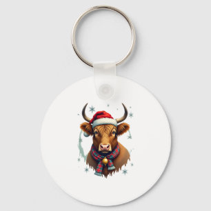 Vintage Christmas Highland Cow Santa Hat Colourful Keychain