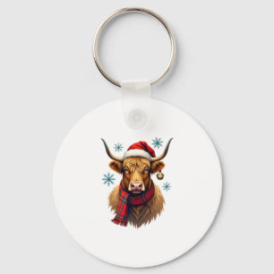 Vintage Christmas Highland Cow Santa Hat Colourful Keychain