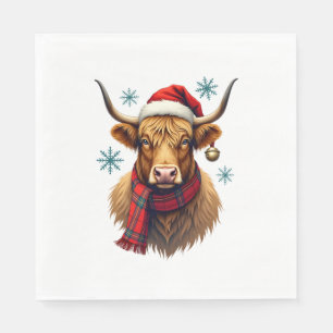 Vintage Christmas Highland Cow Santa Hat Colourful Napkin