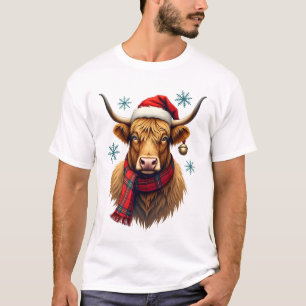 Vintage Christmas Highland Cow Santa Hat Colourful T-Shirt