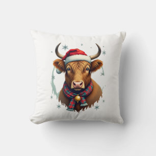 Vintage Christmas Highland Cow Santa Hat Colourful Throw Pillow