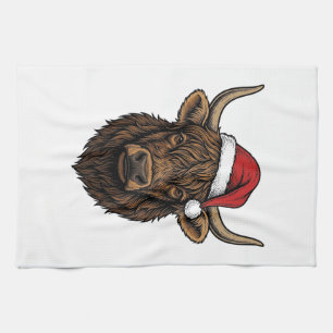 Vintage Christmas Highland Cow Santa Hat Shirt_1 Kitchen Towel