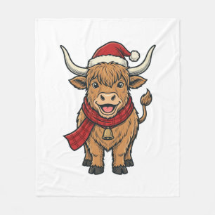 Vintage Christmas Highland Cow Santa Hat Vector_1 Fleece Blanket