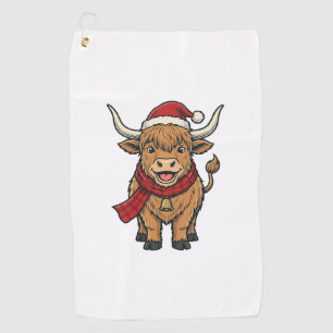 Vintage Christmas Highland Cow Santa Hat Vector_1 Golf Towel