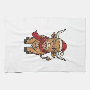 Vintage Christmas Highland Cow Santa Hat Vector_1 Kitchen Towel