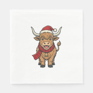 Vintage Christmas Highland Cow Santa Hat Vector_1 Napkin