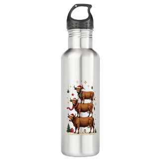 Vintage Christmas Highland Cow Trio Cute Holiday F 710 Ml Water Bottle