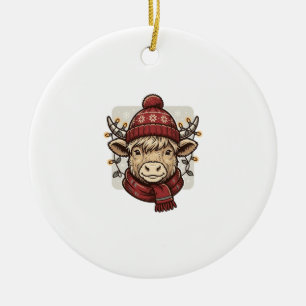 Vintage Christmas Highland Cow Vector Shirt Design Ceramic Ornament
