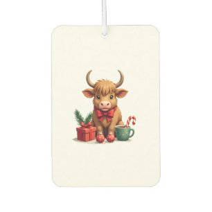 Vintage Christmas Highland Cow with Bow Gift and C Air Freshener