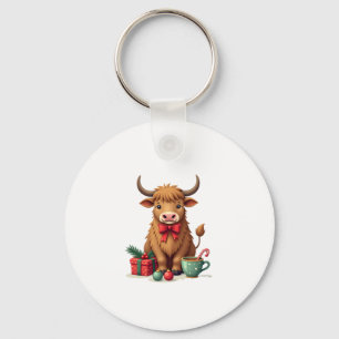 Vintage Christmas Highland Cow with Bow Gift and C Keychain