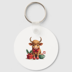 Vintage Christmas Highland Cow with Bow Gift and C Keychain