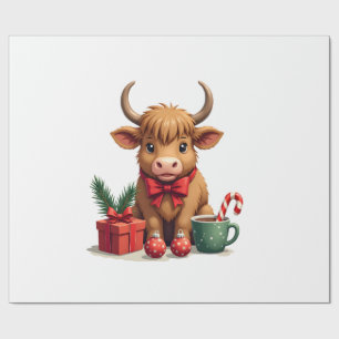 Vintage Christmas Highland Cow with Bow Gift and C Wrapping Paper