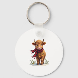 Vintage Christmas Highland Cow with Buffalo Plaid Keychain