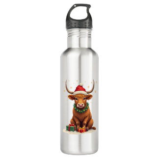 Vintage Christmas Highland Cow with Gifts Cute Hol 710 Ml Water Bottle