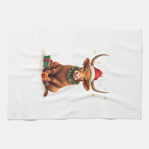 Vintage Christmas Highland Cow with Gifts Cute Hol Kitchen Towel