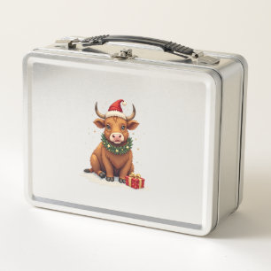 Vintage Christmas Highland Cow with Gifts Cute Hol Metal Lunch Box