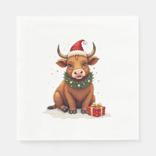 Vintage Christmas Highland Cow with Gifts Cute Hol Napkin