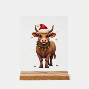 Vintage Christmas Highland Cow with Santa Hat and Acrylic Sign