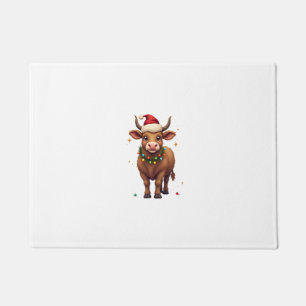 Vintage Christmas Highland Cow with Santa Hat and Doormat