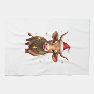 Vintage Christmas Highland Cow with Santa Hat and Kitchen Towel