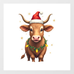 Vintage Christmas Highland Cow with Santa Hat and Window Cling