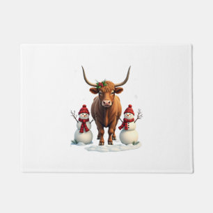 Vintage Christmas Highland Cow with Snowmen Red Pl Doormat